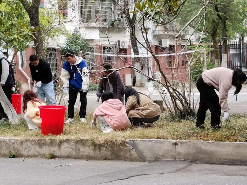 同学们正在用手认真捡拾草坪里的垃圾