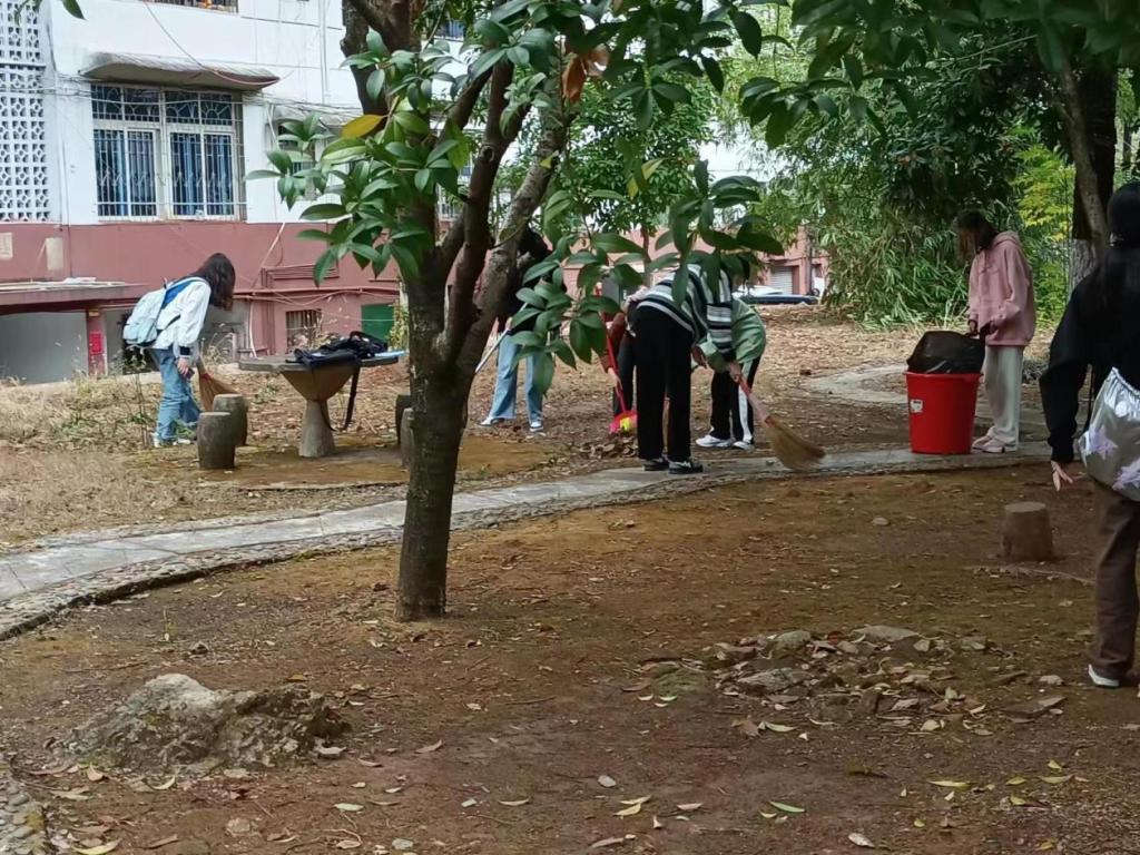 同学们正在合力清理落叶
